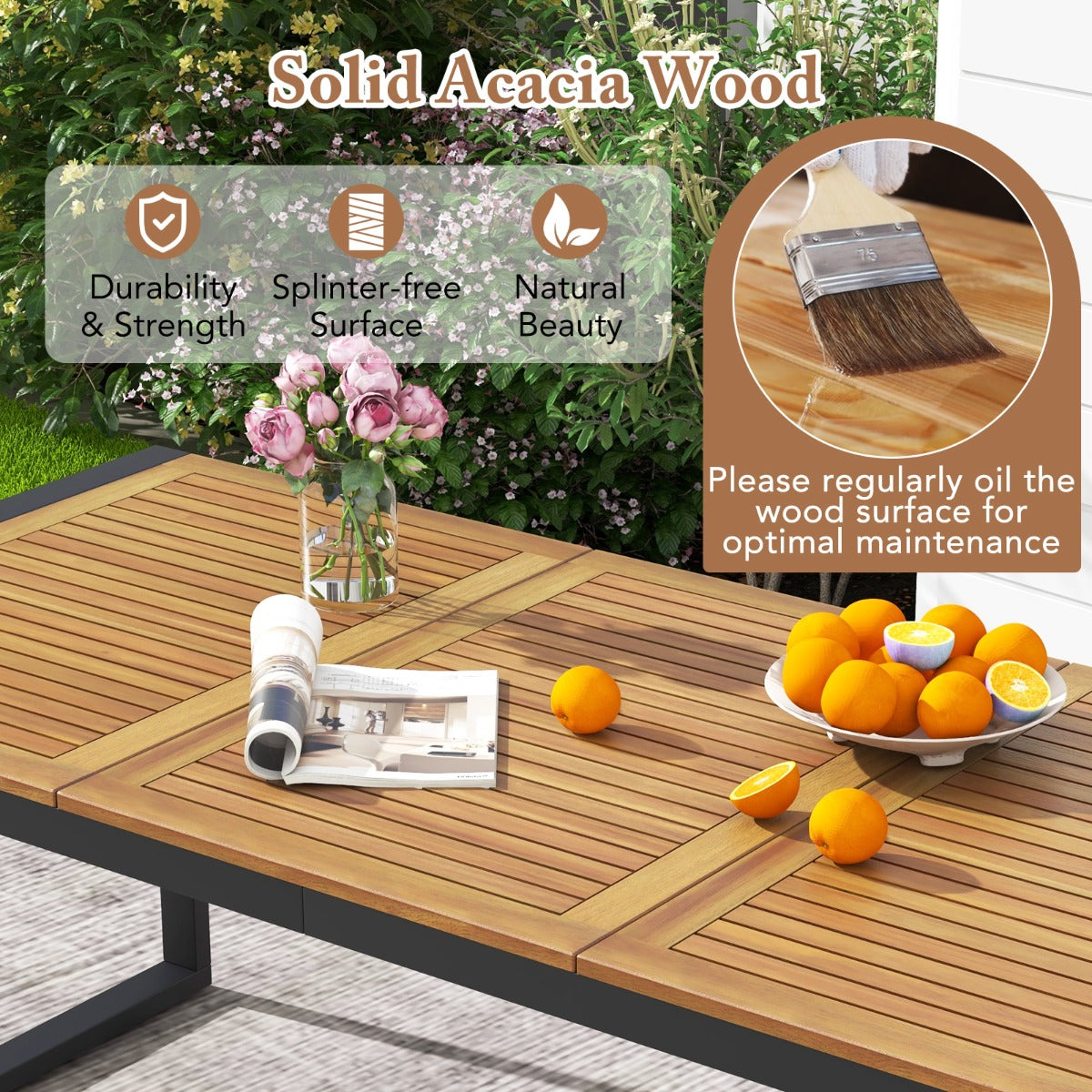 LIVSK Eettafel van Acaciahout voor 8 Personen - Stabiel Metaal met Verstelbare Voetkussens - Parasolgat - 200 x 90 x 75 cm -