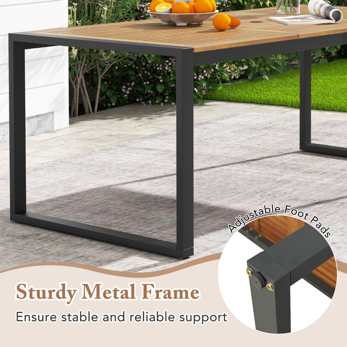 LIVSK Eettafel van Acaciahout voor 8 Personen - Stabiel Metaal met Verstelbare Voetkussens - Parasolgat - 200 x 90 x 75 cm -