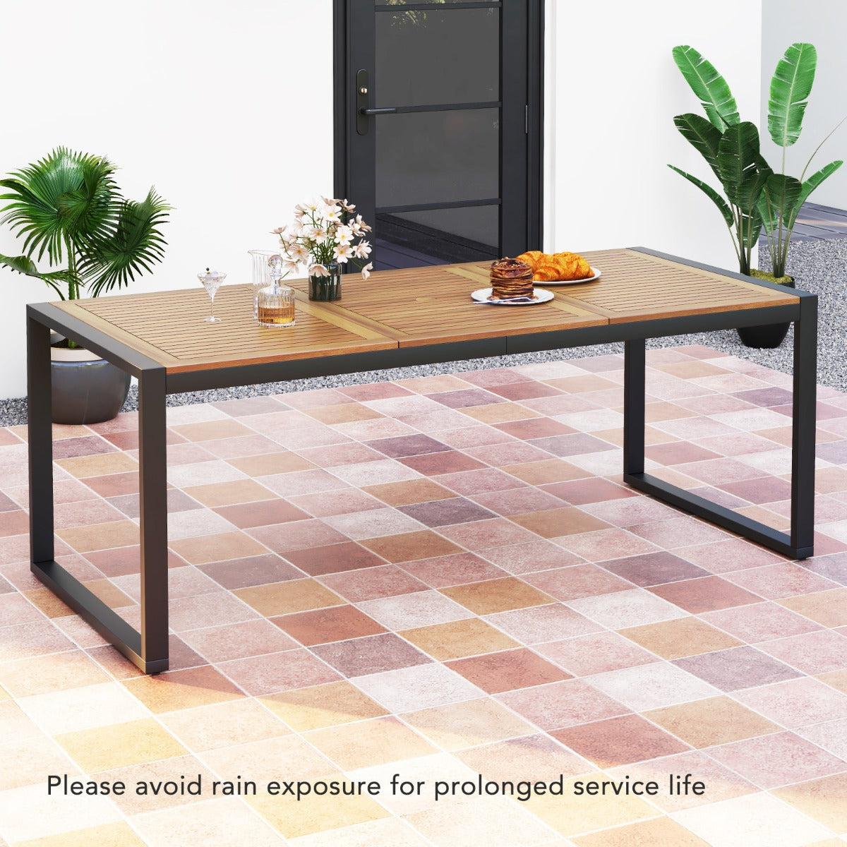 LIVSK Eettafel van Acaciahout voor 8 Personen - Stabiel Metaal met Verstelbare Voetkussens - Parasolgat - 200 x 90 x 75 cm -