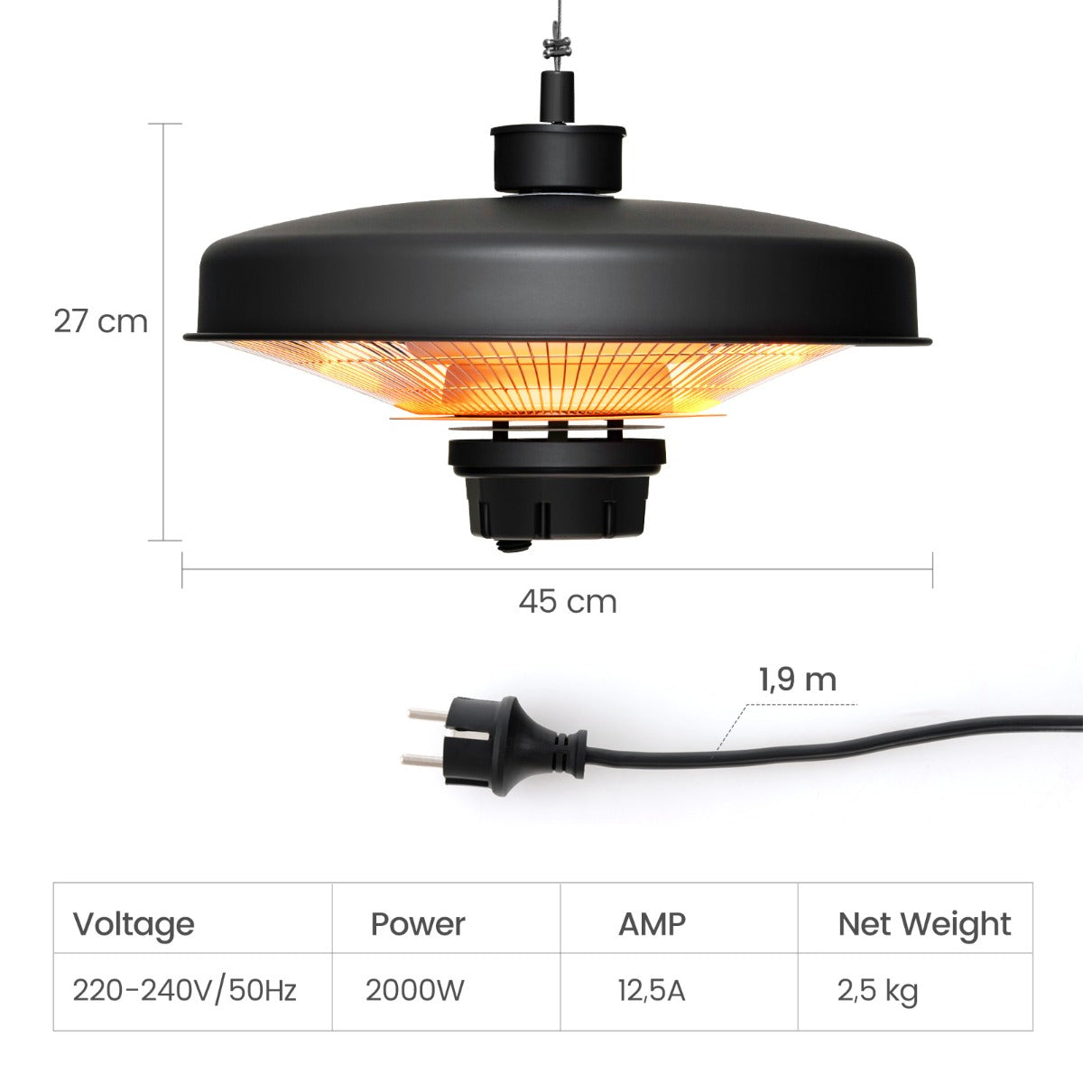 LIVSK Hangende Terrasverwarmer - 2000W Infrarood - Afstandsbediening - IP65 Waterdicht - Verstelbare Hoogte - Zwart