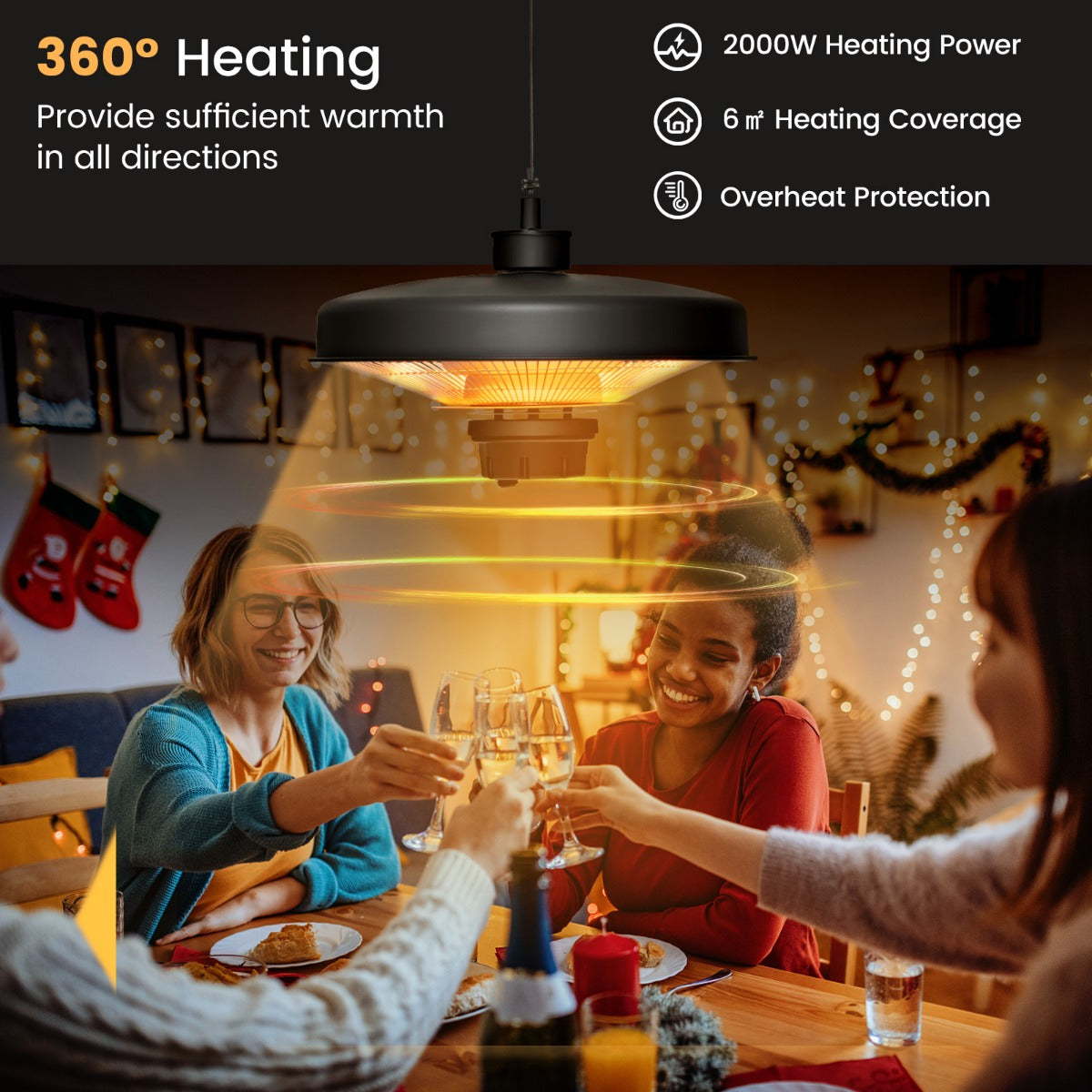 LIVSK Hangende Terrasverwarmer - 2000W Infrarood - Afstandsbediening - IP65 Waterdicht - Verstelbare Hoogte - Zwart