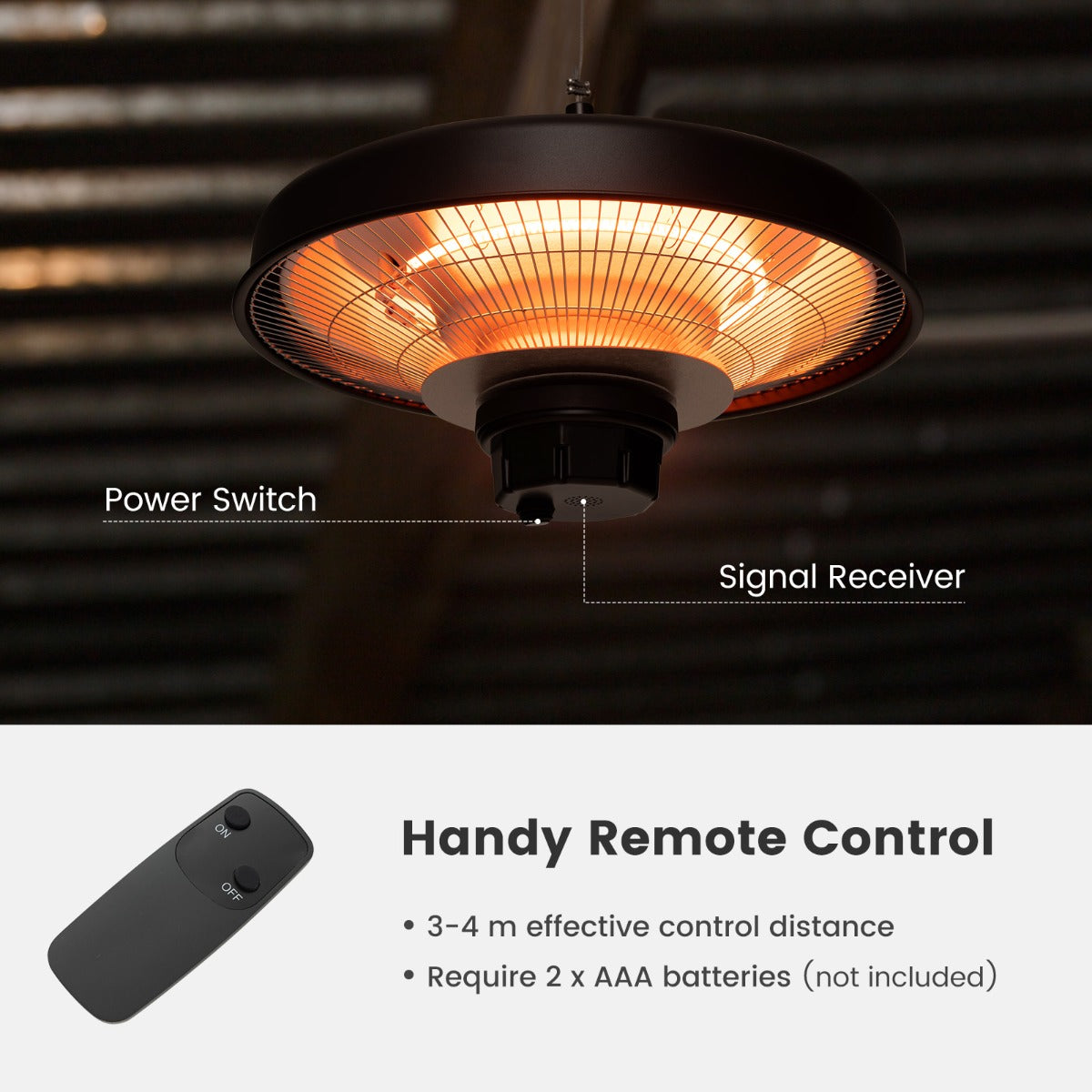 LIVSK Hangende Terrasverwarmer - 2000W Infrarood - Afstandsbediening - IP65 Waterdicht - Verstelbare Hoogte - Zwart