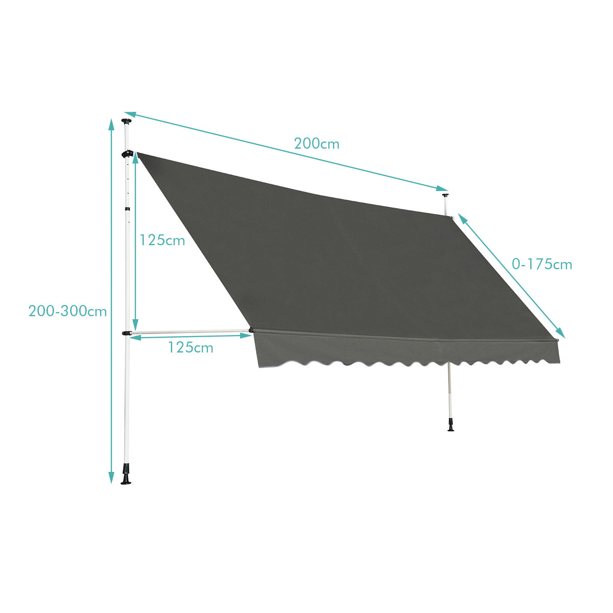 LIVSK Oprolbare Luifel - Verstelbaar Aluminium Frame - Weerbestendig Oxford Doek - Hoogte 200-300 cm - Grijs