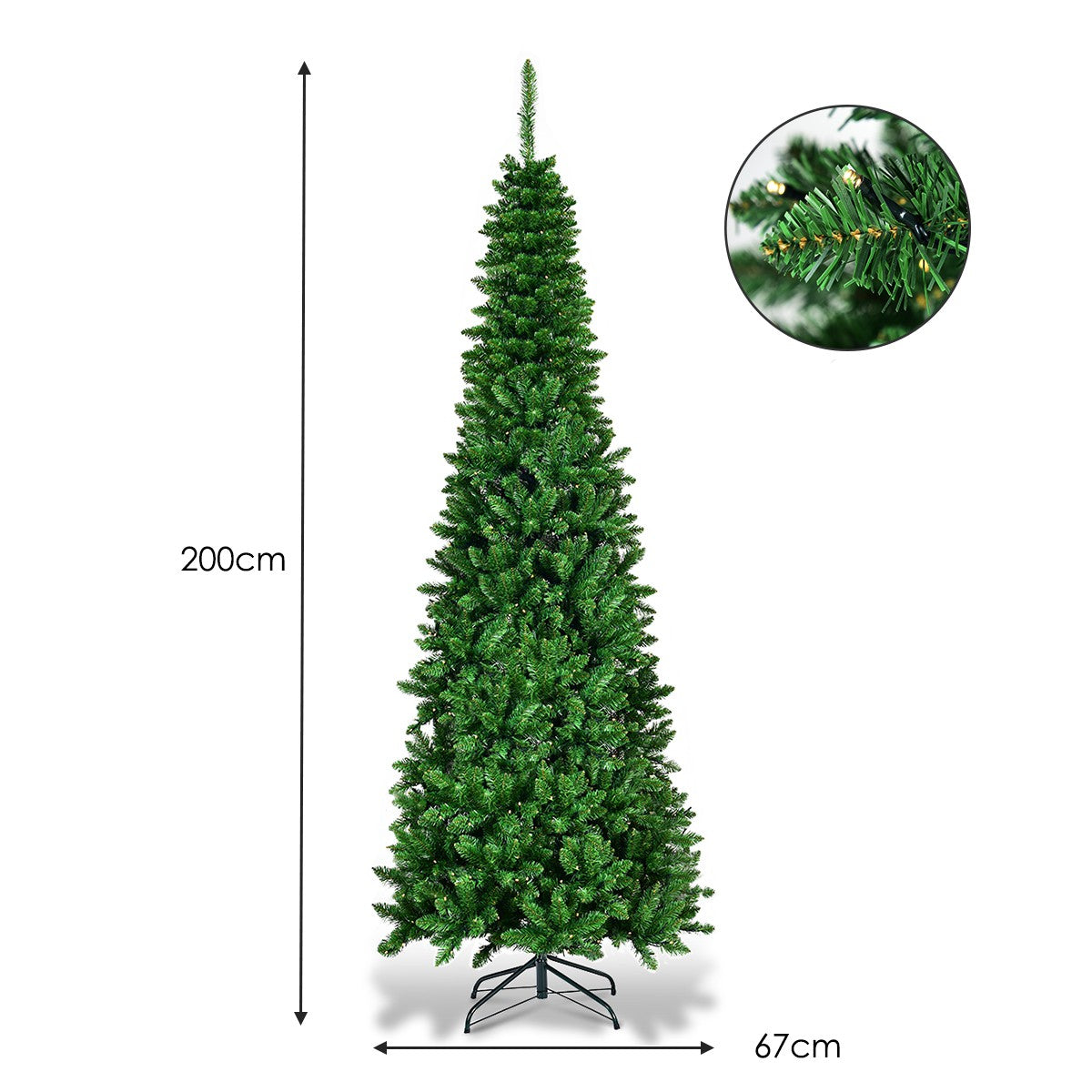 LIVSK Voorverlichte Potlood Kerstboom - 200 cm - 250 Warm Witte LED-lampjes - 708 Takken - Ruimtebesparend - Groen