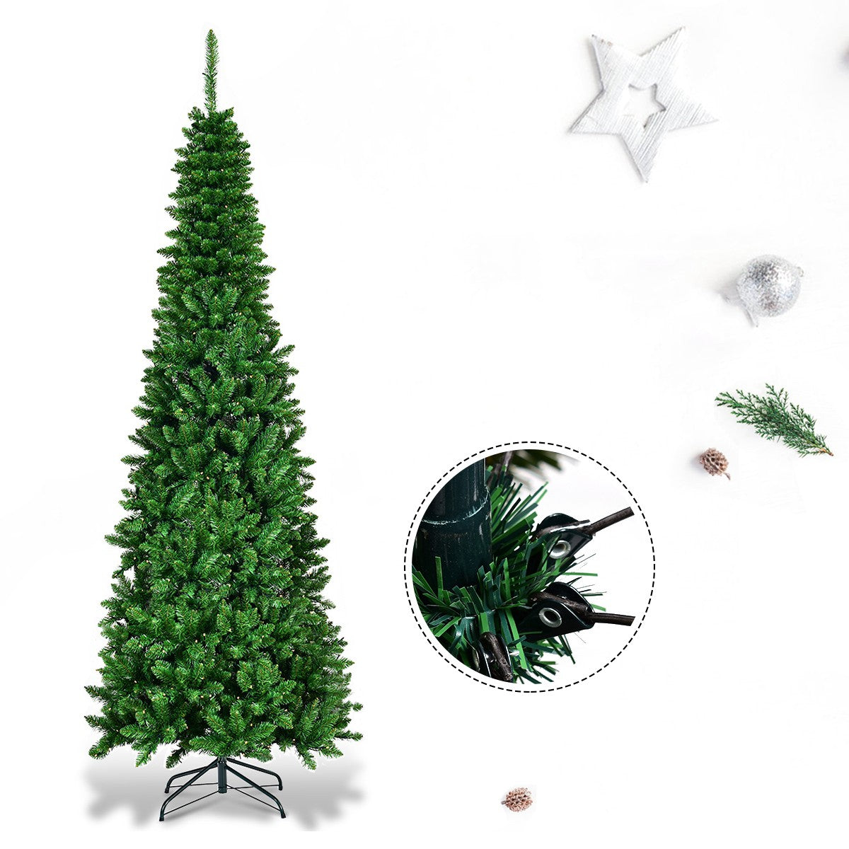 LIVSK Voorverlichte Potlood Kerstboom - 200 cm - 250 Warm Witte LED-lampjes - 708 Takken - Ruimtebesparend - Groen