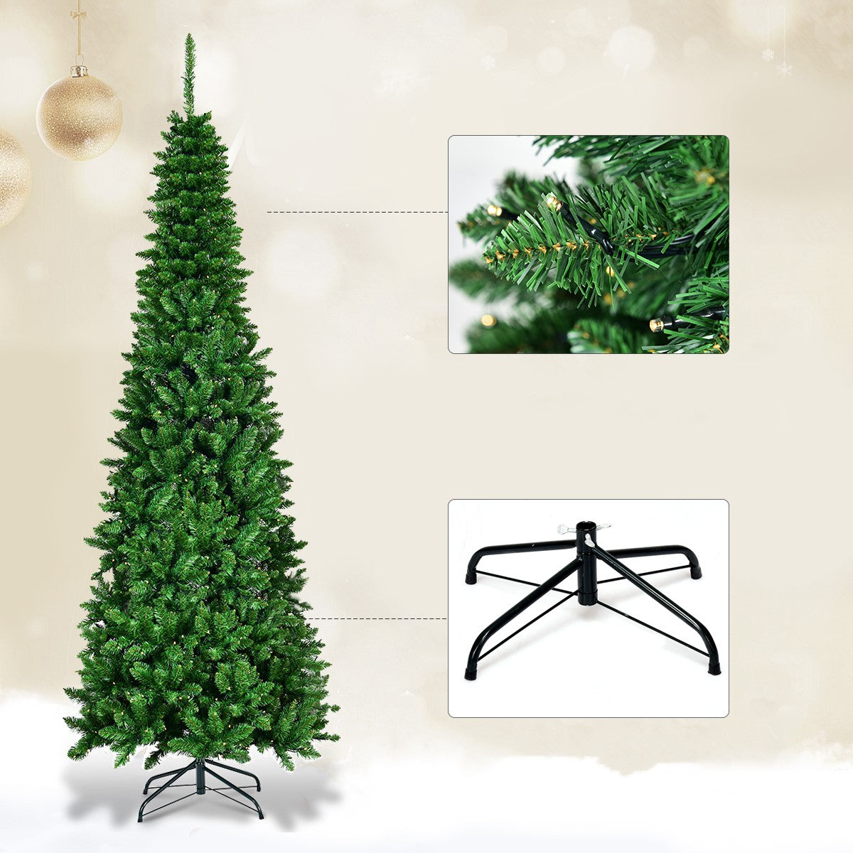 LIVSK Voorverlichte Potlood Kerstboom - 200 cm - 250 Warm Witte LED-lampjes - 708 Takken - Ruimtebesparend - Groen