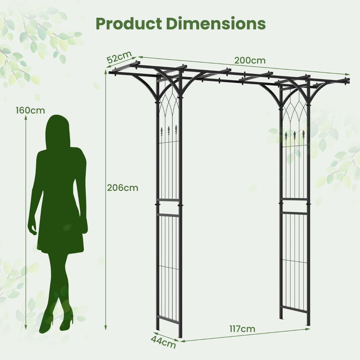 Livsk costway 206 cm tuinboog decoratieve metalen tuinboog met hekwerk terrasboog voor buiten voor tuin terras decoratie huwelijksceremonie 2