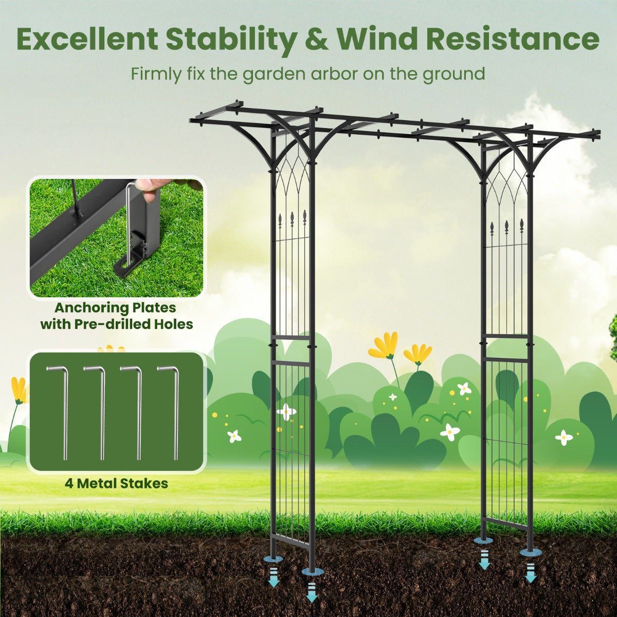 Livsk costway 206 cm tuinboog decoratieve metalen tuinboog met hekwerk terrasboog voor buiten voor tuin terras decoratie huwelijksceremonie 5