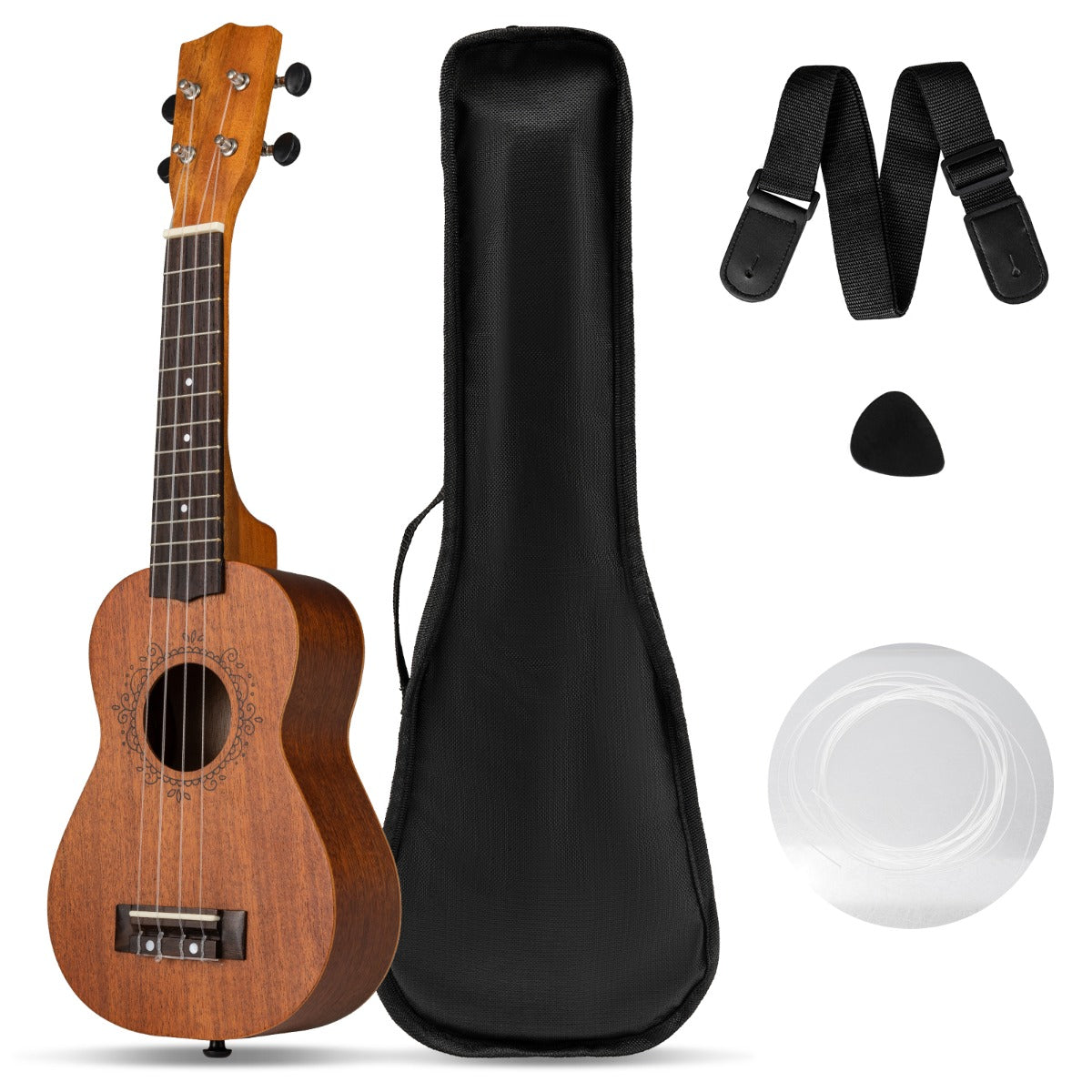 Livsk costway 21 inch ukelele mahoniehouten ukeleleset met draagtas plectrum verstelbare riem en extra nylon snaren