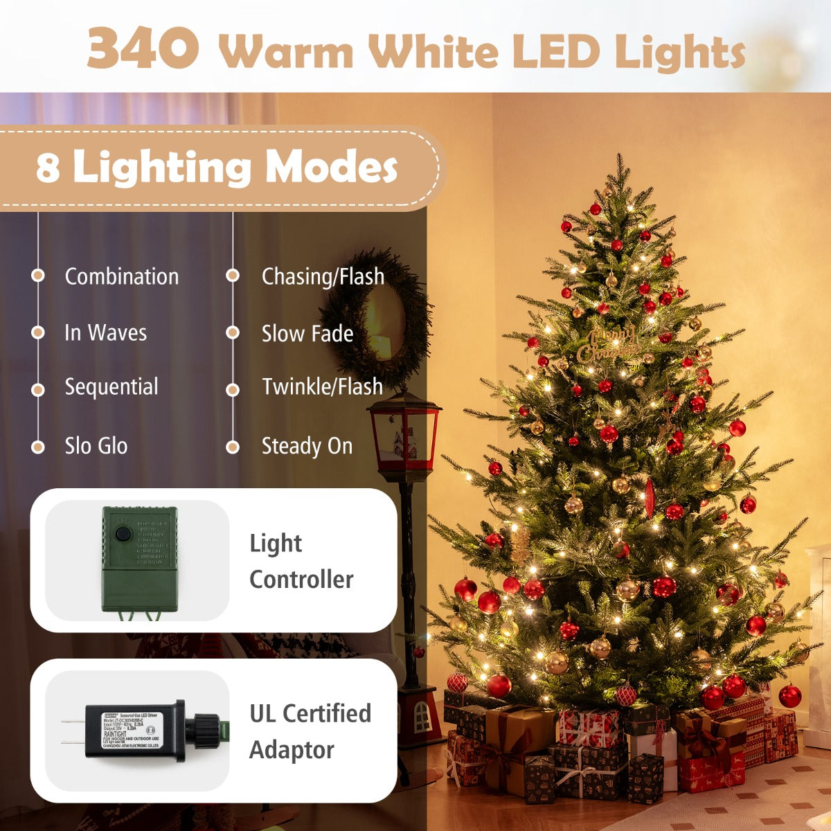 Livsk costway 210 cm kerstboom kunstmatige kerstboom met 830 pvc takken opvouwbare decoratieboom 3