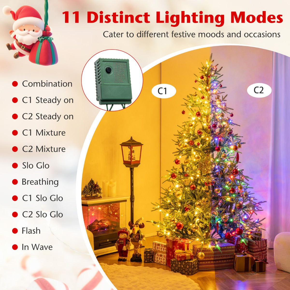 LIVSK Kunstkerstboom 210 cm - 678 Takpunten - 300 LED-lampen met 11 Lichtmodi - Brandwerend - Eenvoudige Montage - Groen