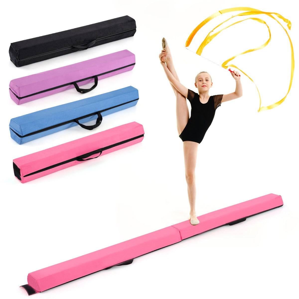 Livsk costway 210 cm lange opvouwbare evenwichtsbalk draagbare gymnastiekbalk voor op de vloer rozerood