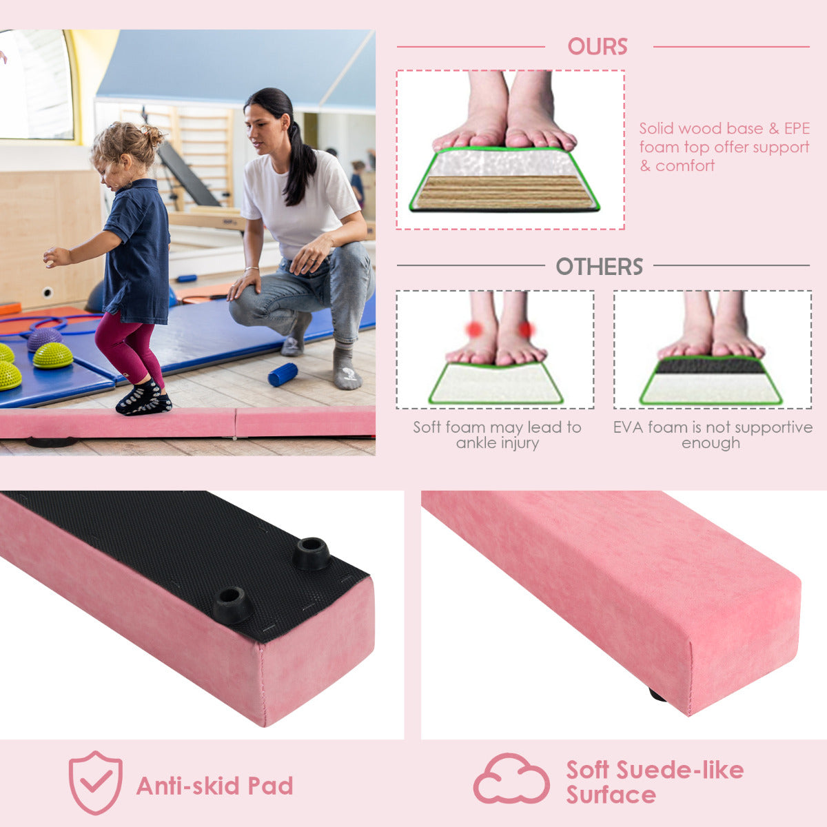 LIVSK Opvouwbare Evenwichtsbalk - Schuimgepolsterd met Houten Basis - Antislip - Voor Beginners en Professionals - 210 x 10 x 8