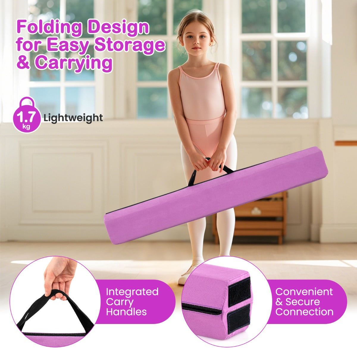 LIVSK Opvouwbare Gymnastiekbalk - EVA-schuim met Suède Hoes - Antislip en Draagbaar - Voor Jongeren - 210 x 15 x 7 cm -