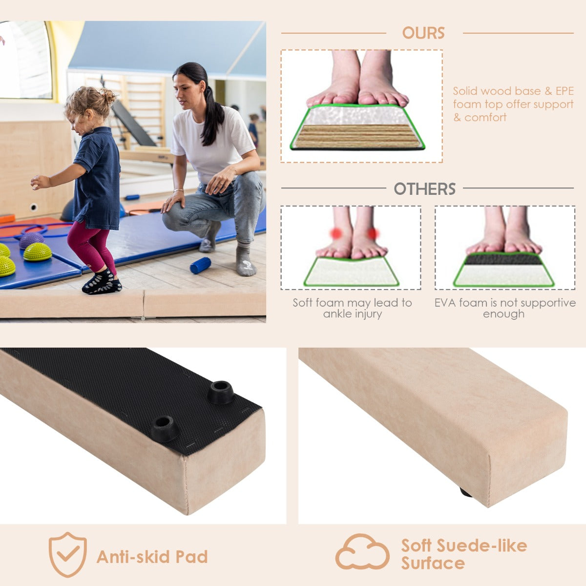 Livsk costway 210 cm opvouwbare gymnastiekbalk draagbare vloerbalk met handgrepen 6