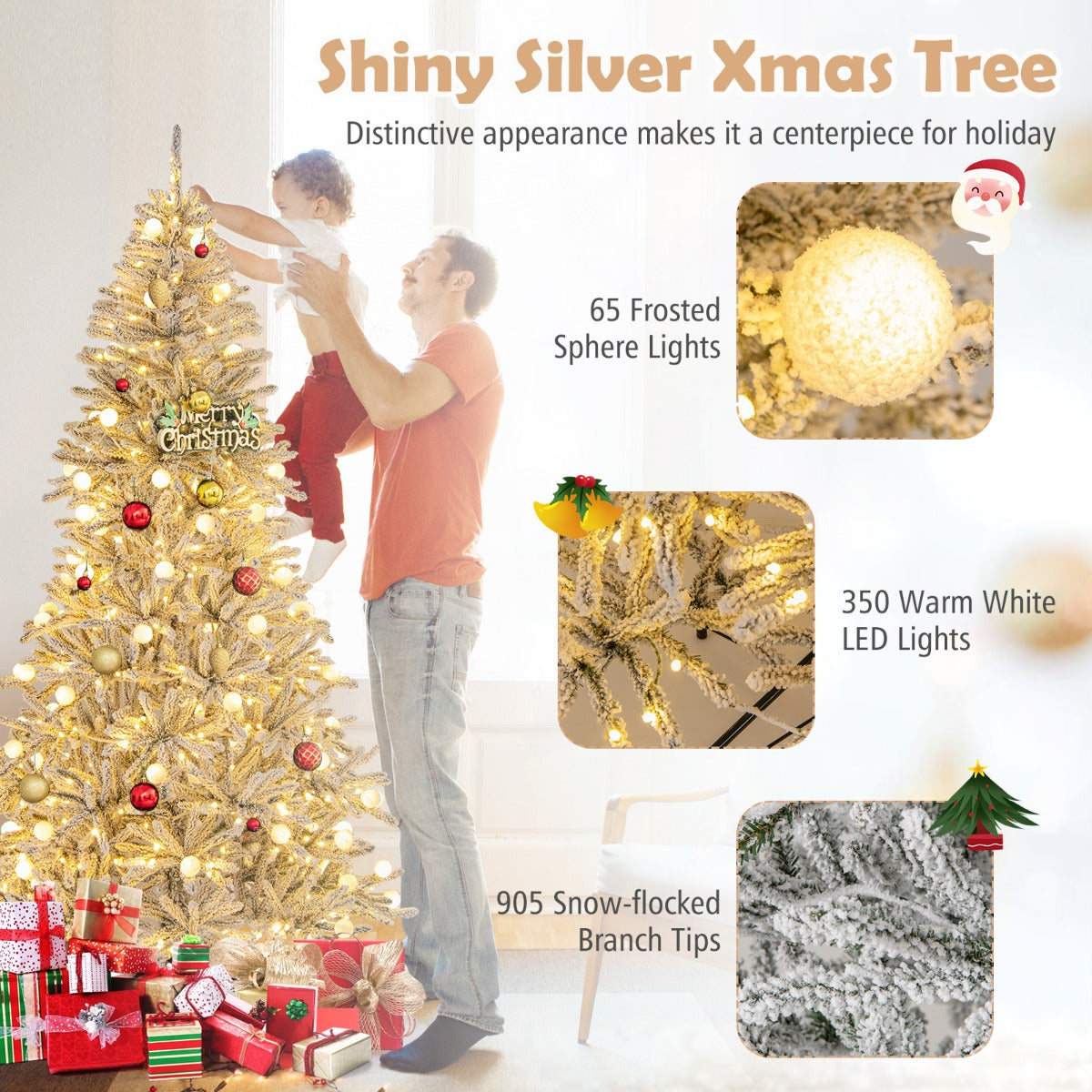 LIVSK Kunstkerstboom met 350 Warmwitte LED - lampen - 3 Lichteffecten - Sneeuw - bekleed - 210 cm - 905 Takpunten - Zilver