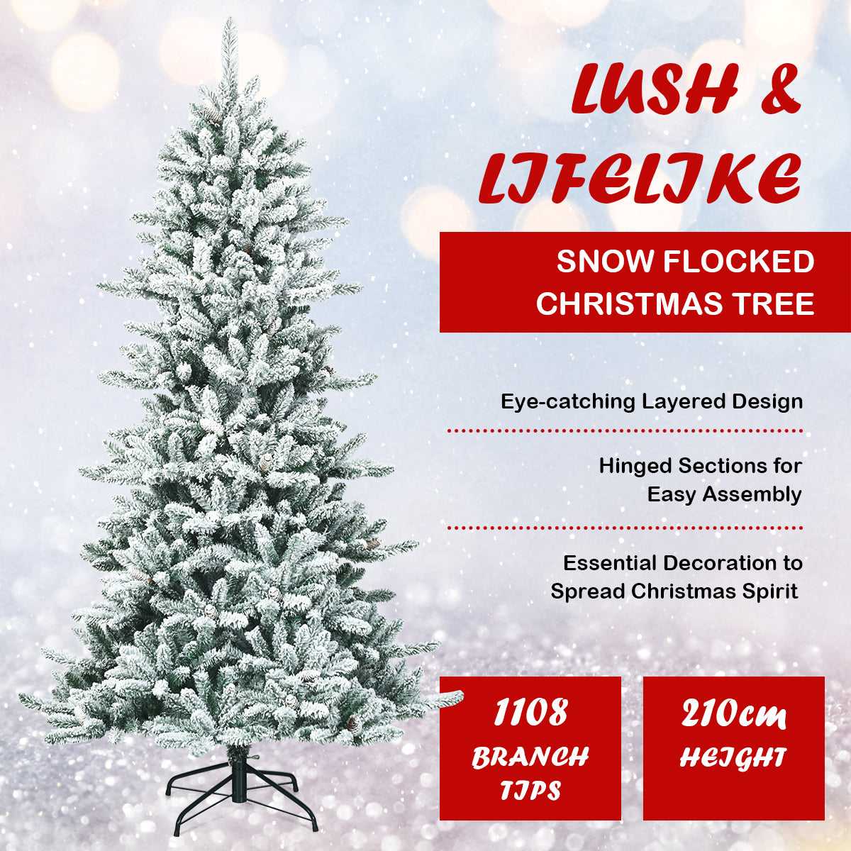 LIVSK Sneeuw Gevlokte Kerstboom - Hoogwaardige PVC - 210 cm - 1108 Takken - Eenvoudig op te zetten - Groen + Wit