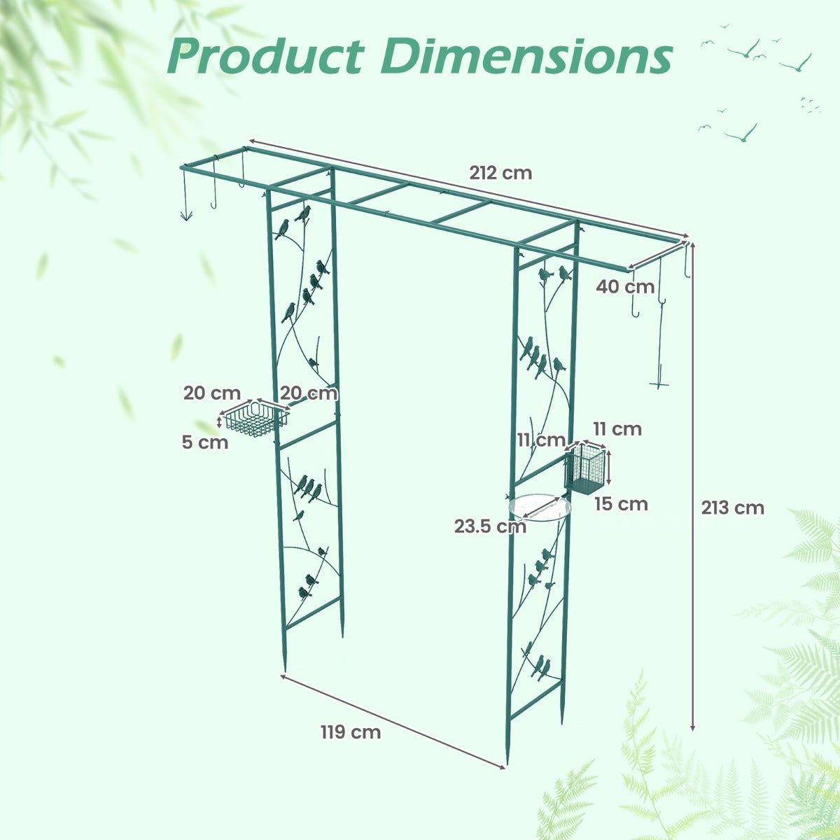 Livsk costway 213 cm tuinpaviljoen voederstation stevige tuinboog met waterbak gaasbakje vetdispenser en ophangset metalen boog donkergroen 2
