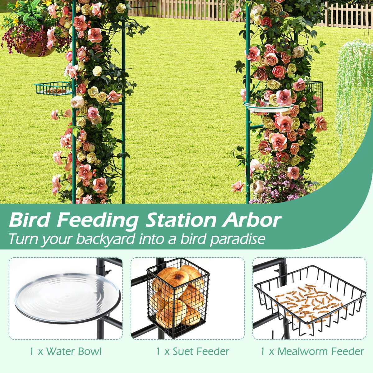Livsk costway 213 cm tuinpaviljoen voederstation stevige tuinboog met waterbak gaasbakje vetdispenser en ophangset metalen boog donkergroen 5