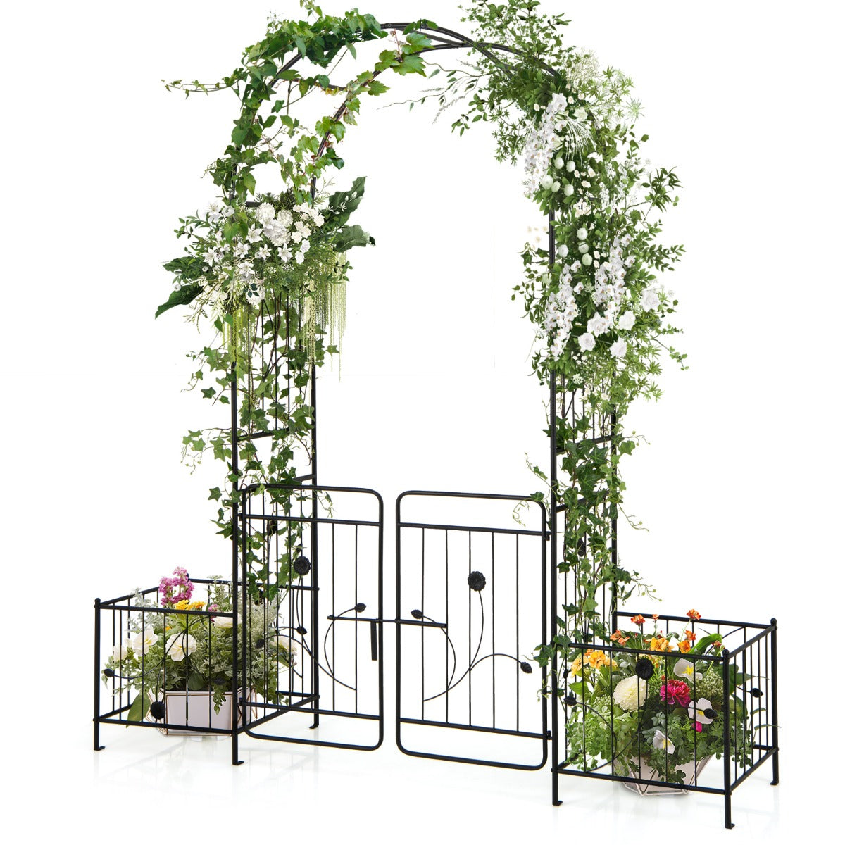 LIVSK Metalen Tuinboog met Plantenbakken - Roestbestendig - Decoratief met Trellis - Voor Buiten - 200 x 50 x 218 cm - Zwart