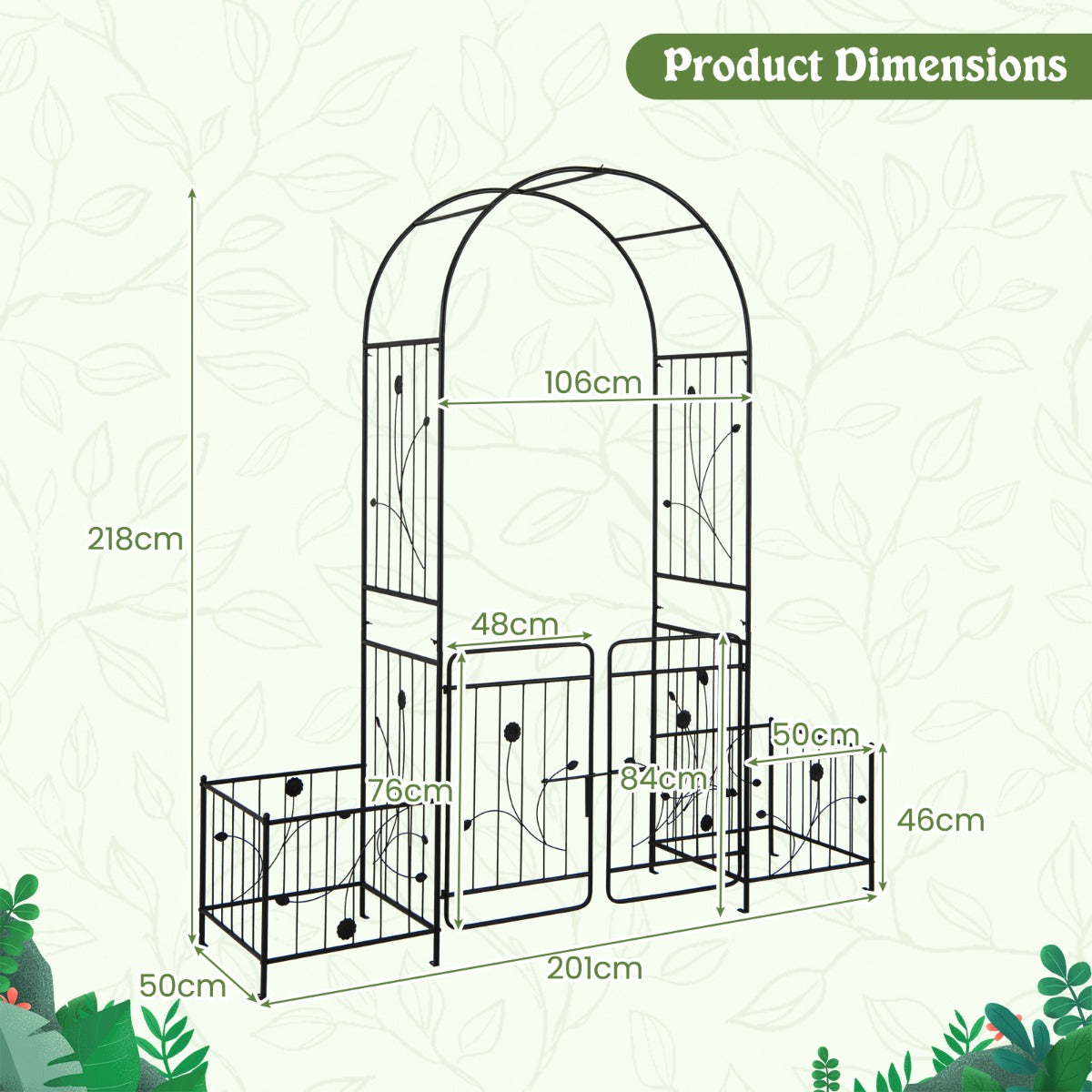 LIVSK Metalen Tuinboog met Plantenbakken - Roestbestendig - Decoratief met Trellis - Voor Buiten - 200 x 50 x 218 cm - Zwart