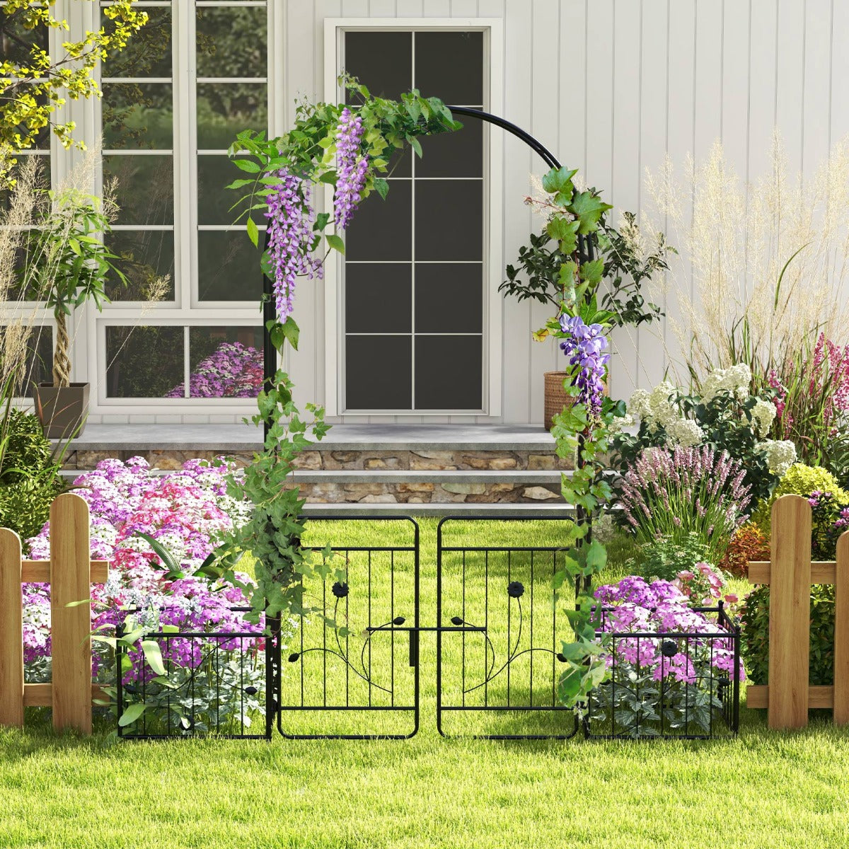 LIVSK Metalen Tuinboog met Plantenbakken - Roestbestendig - Decoratief met Trellis - Voor Buiten - 200 x 50 x 218 cm - Zwart