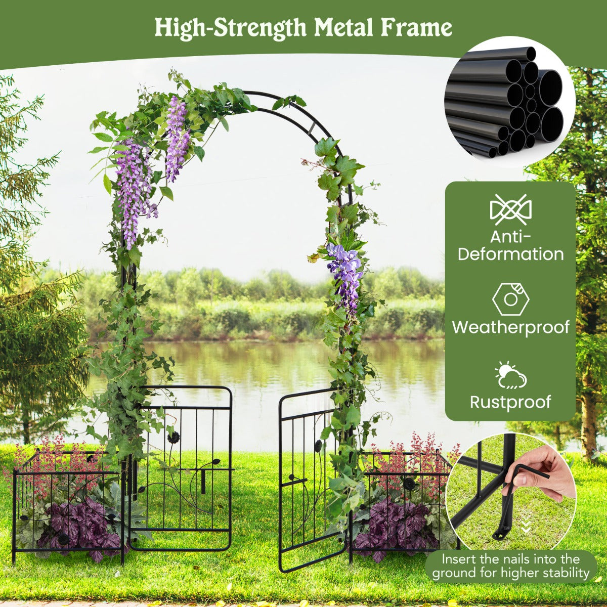 LIVSK Metalen Tuinboog met Plantenbakken - Roestbestendig - Decoratief met Trellis - Voor Buiten - 200 x 50 x 218 cm - Zwart