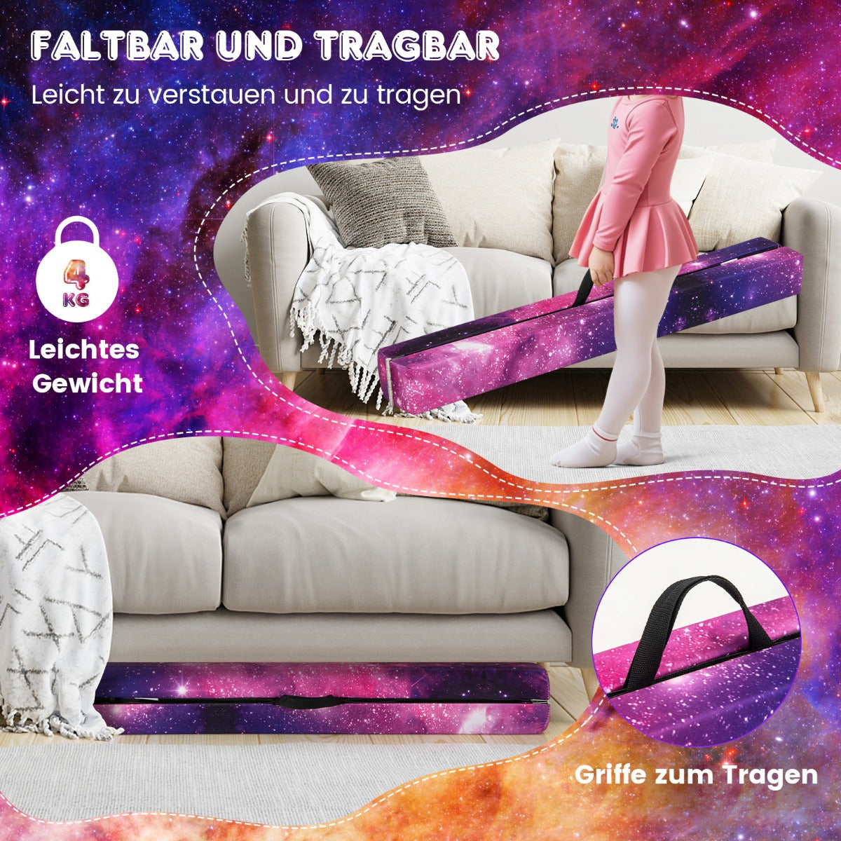 LIVSK Opvouwbare Evenwichtsbalk - Veilig en Stevig - Antislip - Draagbaar - Tot 70 kg - 210 x 10 x 8 cm - Paarse ster