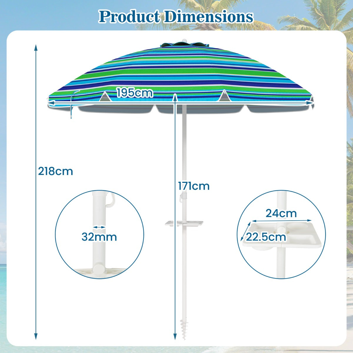 LIVSK Draagbare Parasol - UPF50+ Bescherming - Kantelbaar - Stabiele Structuur met Bekerhouder - 2,2 m - Groen