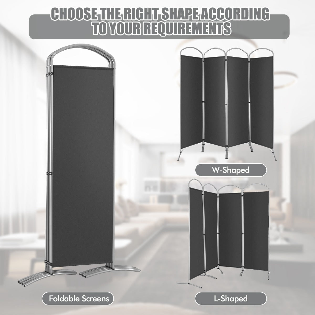 LIVSK Kamerscherm Scheidingswand - Inklapbaar en Duurzaam - 360 Graden Flexibel - 4 Panelen - Grijs