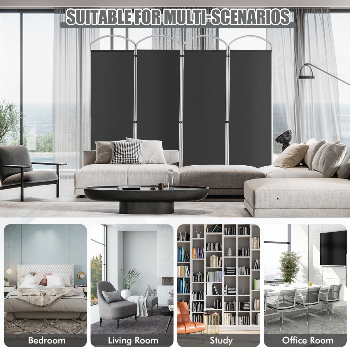 LIVSK Kamerscherm Scheidingswand - Inklapbaar en Duurzaam - 360 Graden Flexibel - 4 Panelen - Grijs