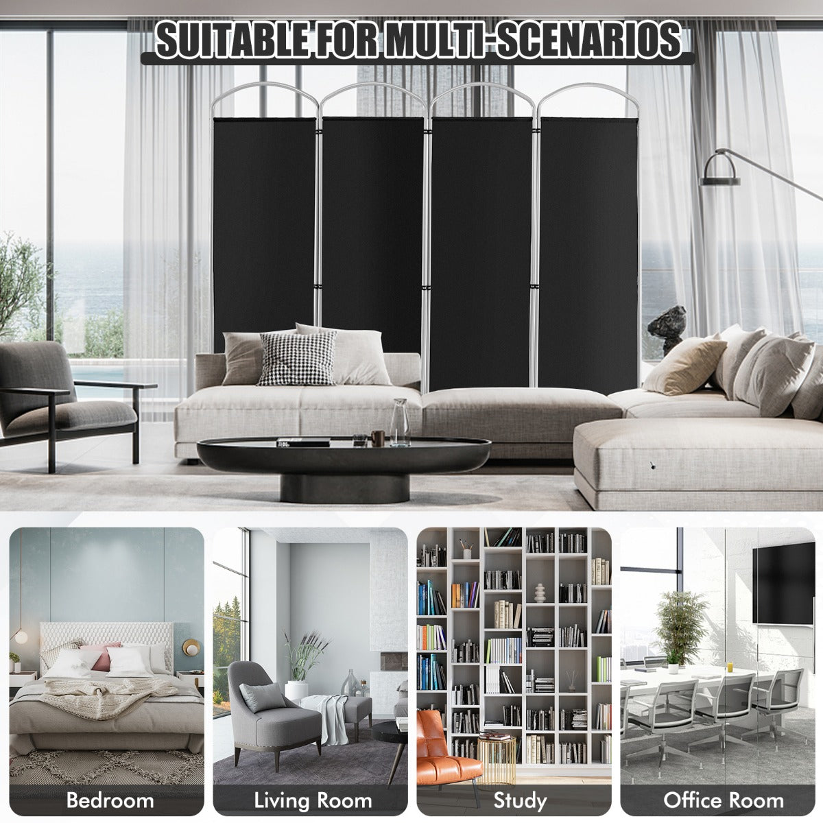 LIVSK Kamerscherm Scheidingswand - Inklapbaar met 9 Klemmen - Duurzaam Metalen Frame - 4 Panelen - 221 x 51 x 188 cm - Zwart