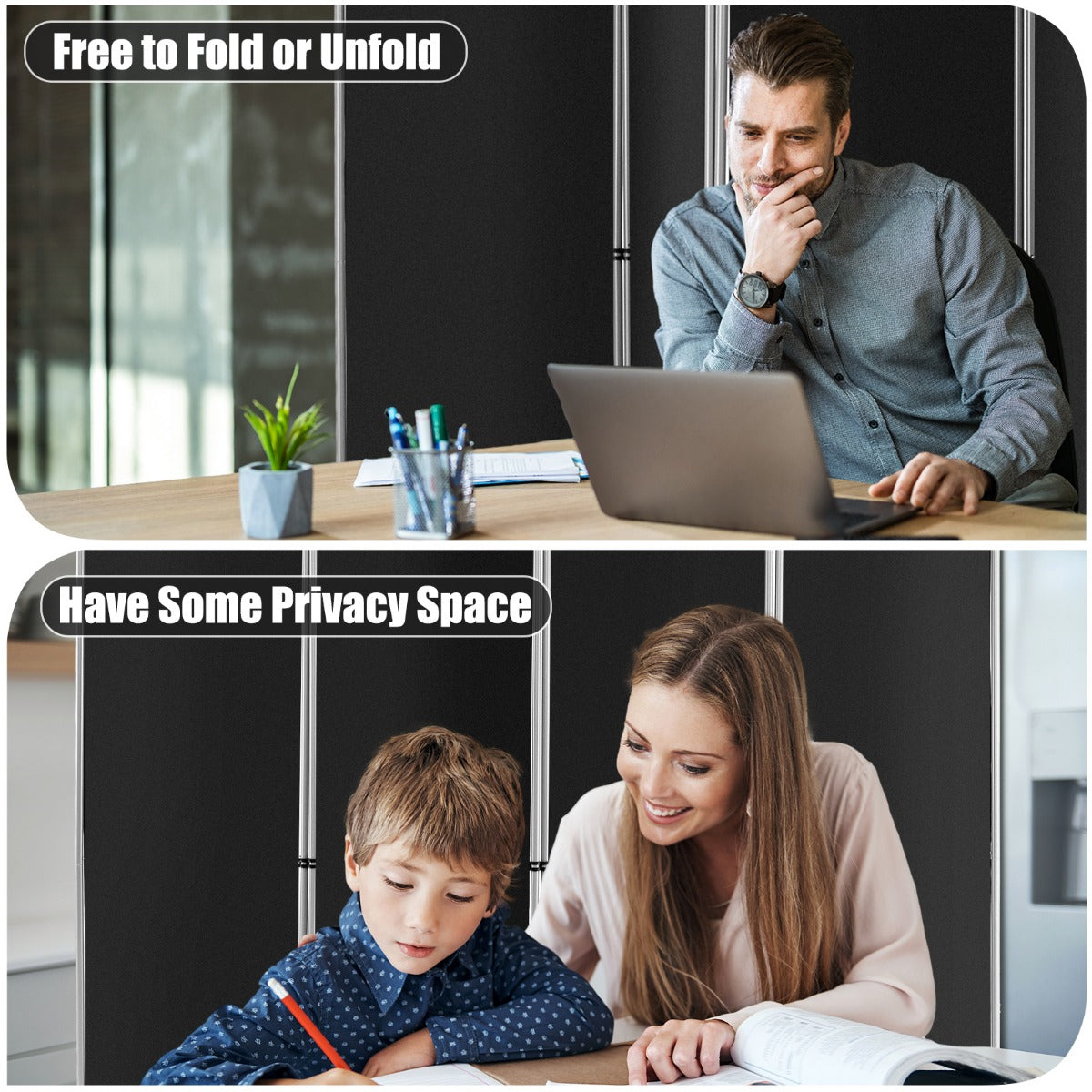 LIVSK Kamerscherm Scheidingswand - Inklapbaar met 9 Klemmen - Duurzaam Metalen Frame - 4 Panelen - 221 x 51 x 188 cm - Zwart