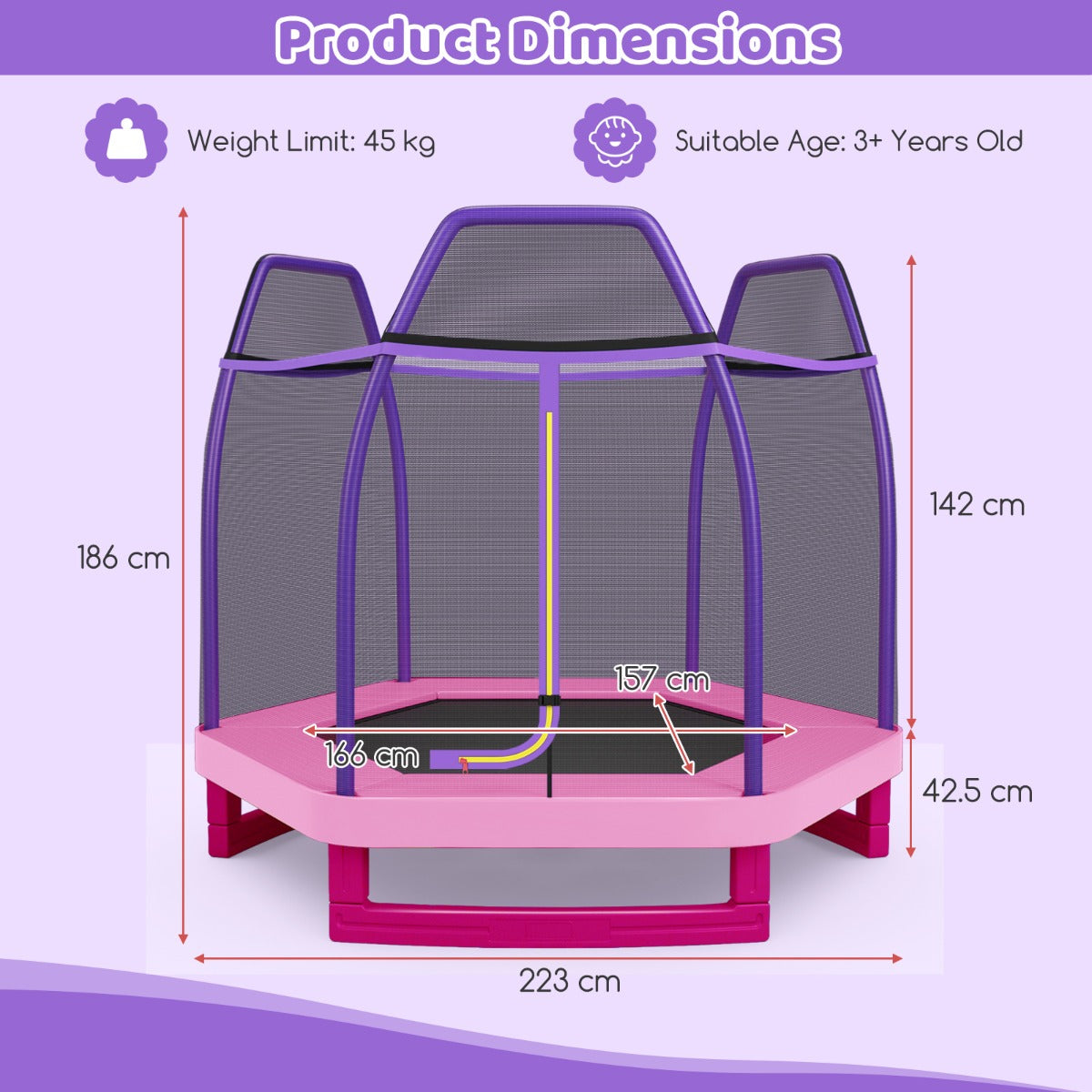 LIVSK 223cm Recreatieve Trampoline voor Kinderen - Veiligheidsnet - Stabiel Stalen Frame - Voor Binnen en Buiten - Roze