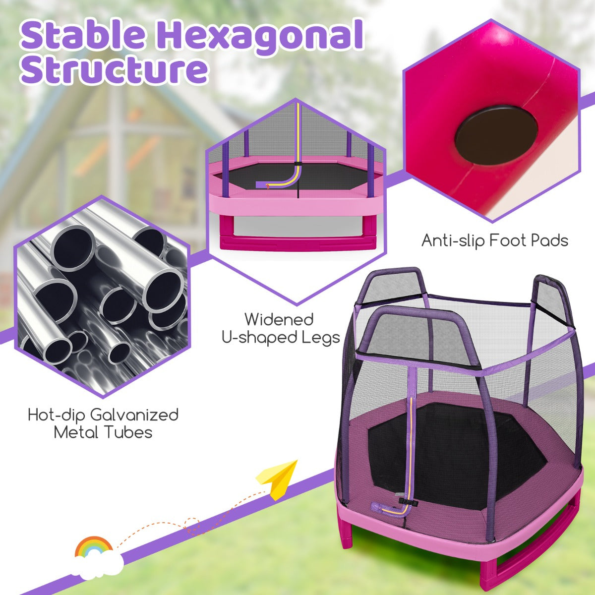 LIVSK 223cm Recreatieve Trampoline voor Kinderen - Veiligheidsnet - Stabiel Stalen Frame - Voor Binnen en Buiten - Roze