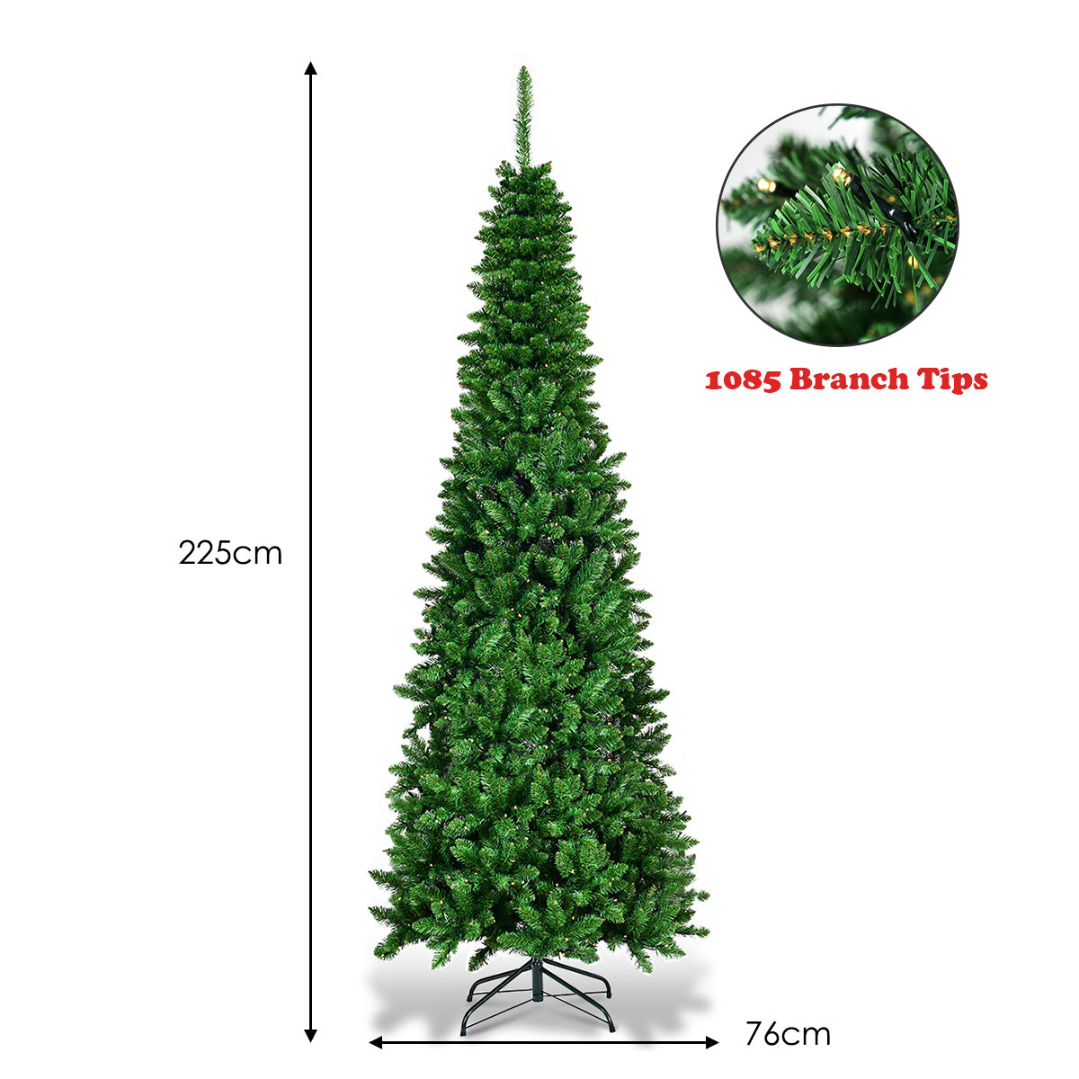 LIVSK Kerstboom 225 cm - Realistische PVC-naalden - 350 Warmwitte LED-lampen - Ruimtebesparend Potloodontwerp - Groen