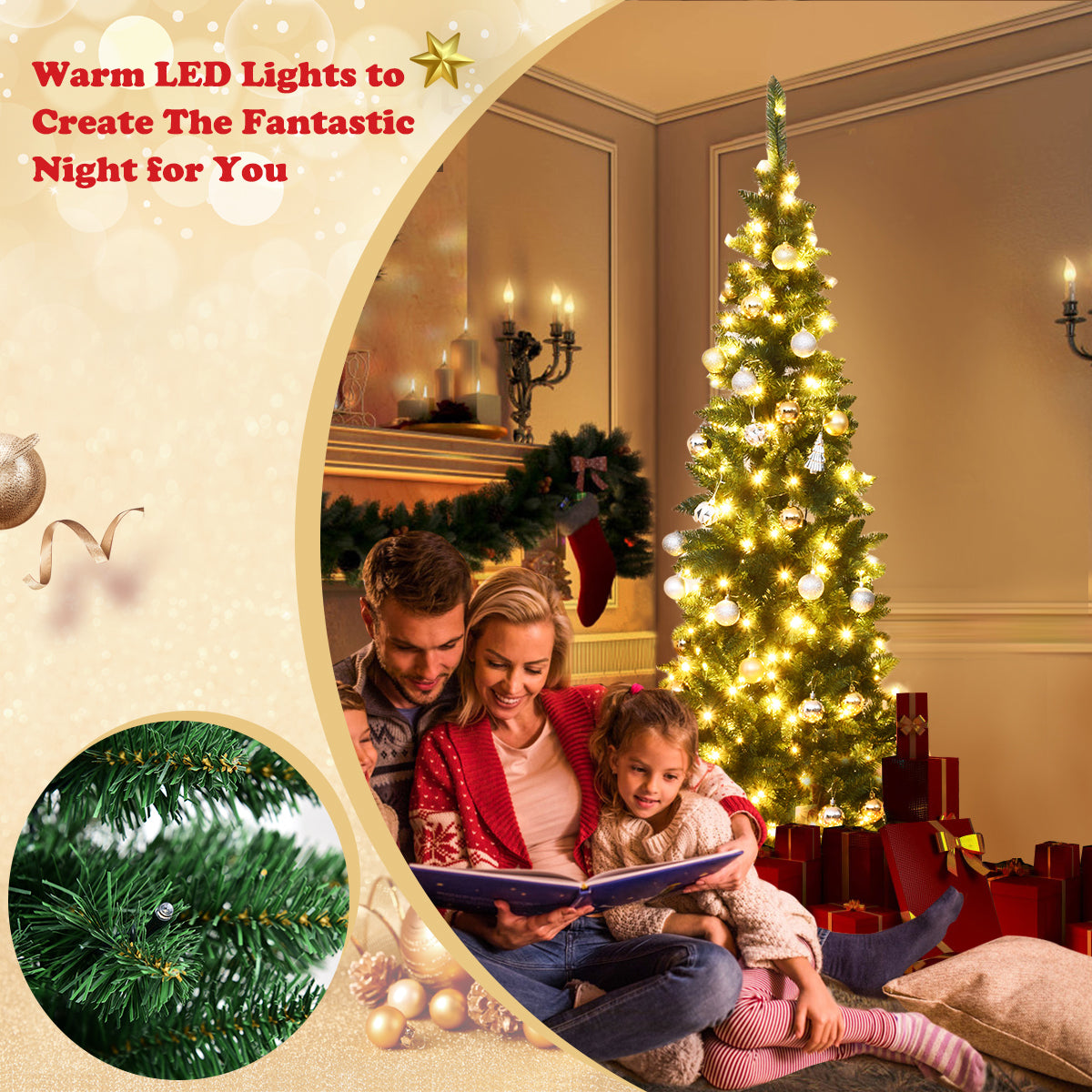 LIVSK Kerstboom 225 cm - Realistische PVC-naalden - 350 Warmwitte LED-lampen - Ruimtebesparend Potloodontwerp - Groen