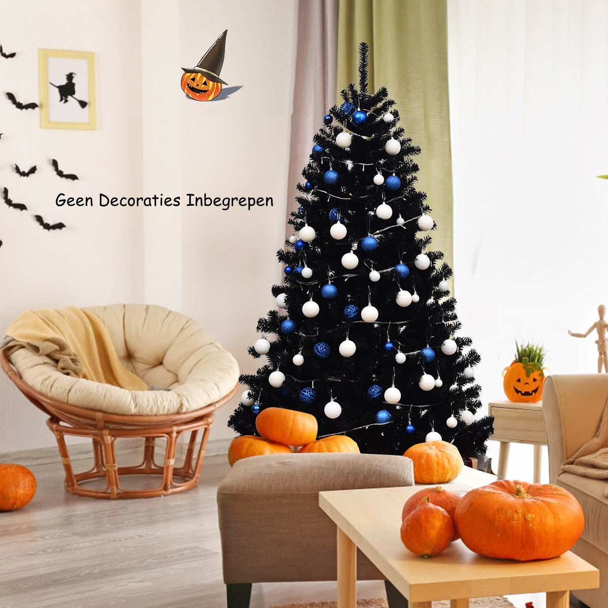 LIVSK Halloween-kerstboom 130 x 225 cm - 1258 takpunten - Stevige metalen standaard - Geschikt voor binnen en buiten - Zwart