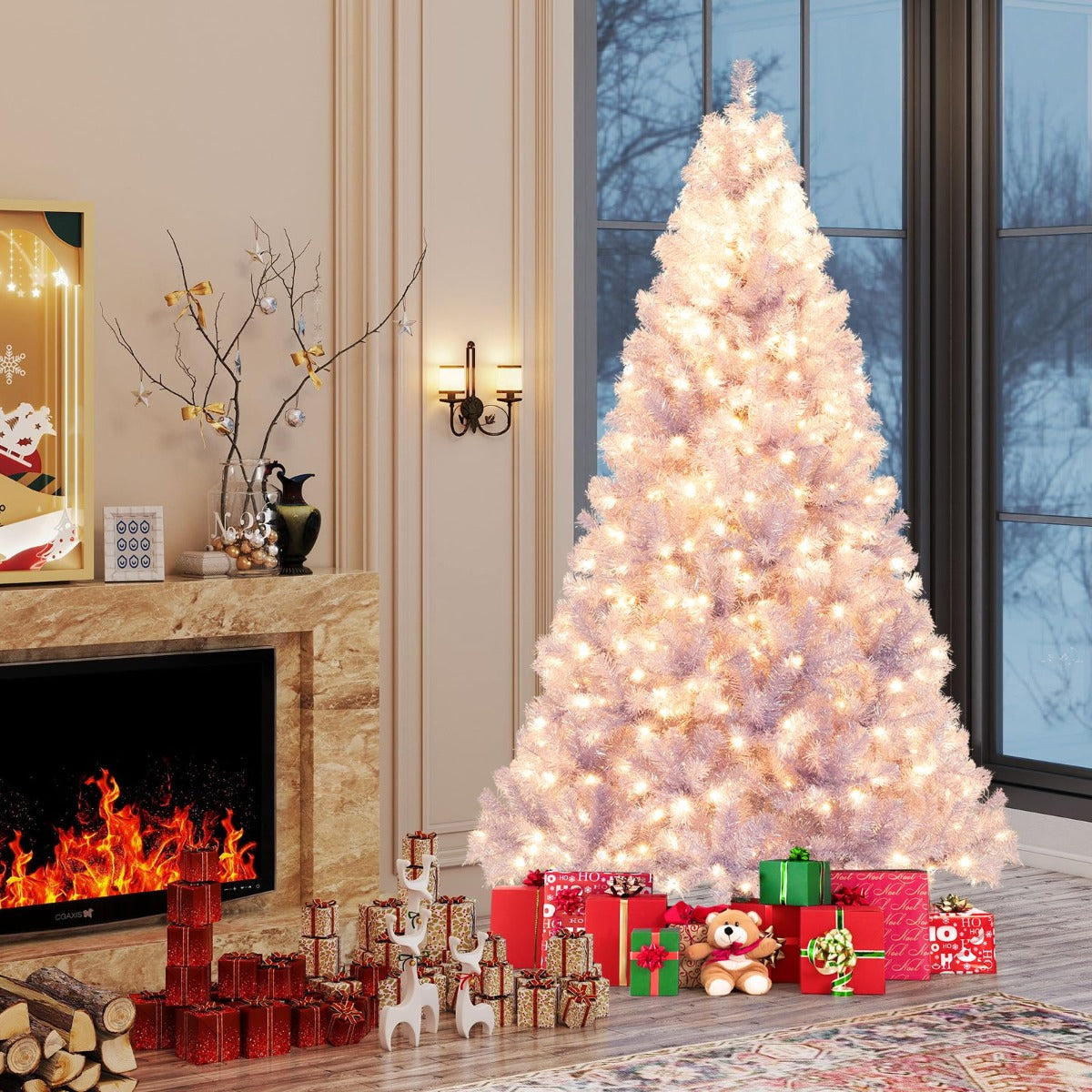 LIVSK Kunstkerstboom 225 cm - 1300 Takpunten - 550 Warmwitte LED-lampen - 8 Lichtmodi - Eenvoudige Montage - Paars