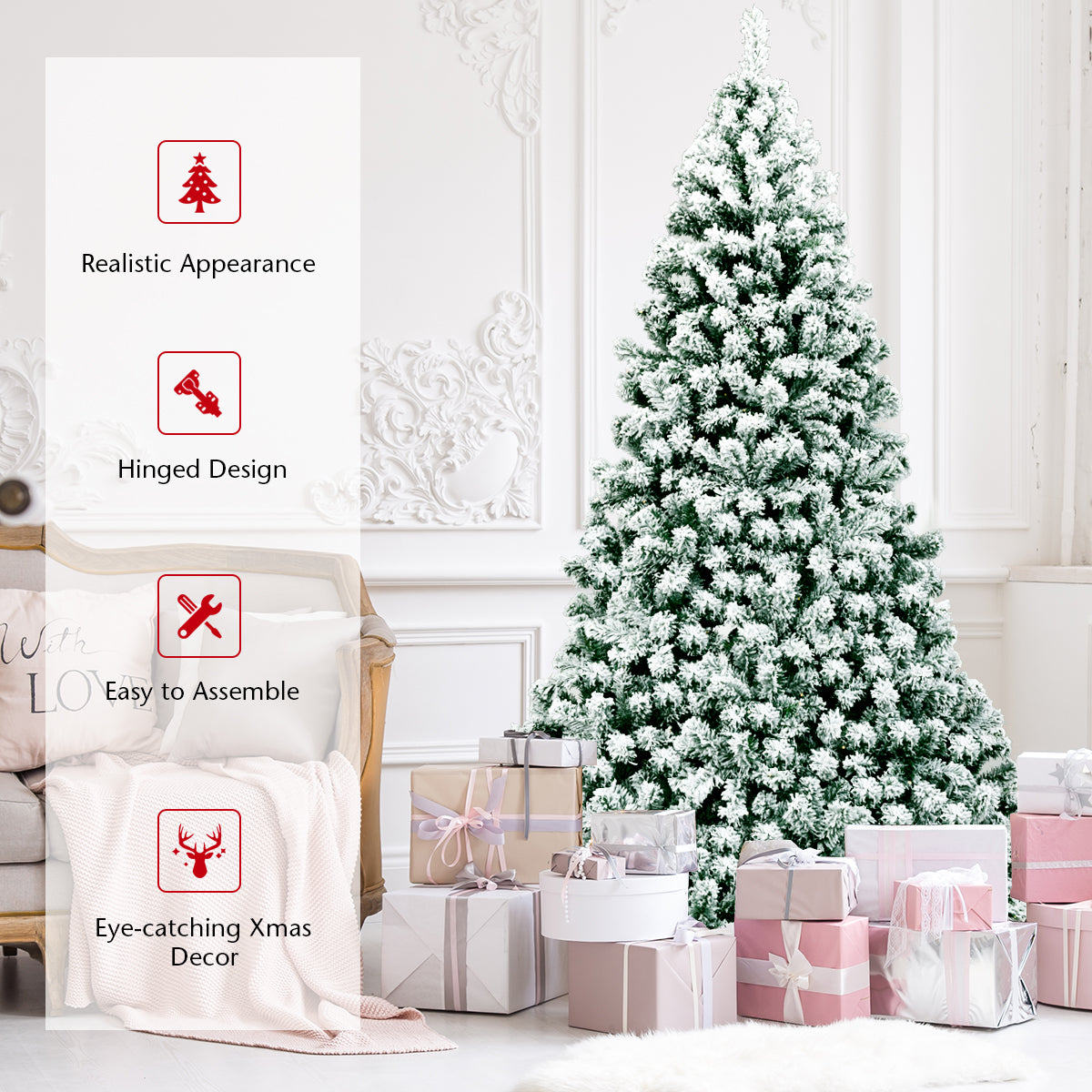 LIVSK Voorverlichte Sneeuw Bedekte Kerstboom - 1364 Takken - 550 LED-lampjes - Stevige Metalen Standaard - 225 cm - Groen