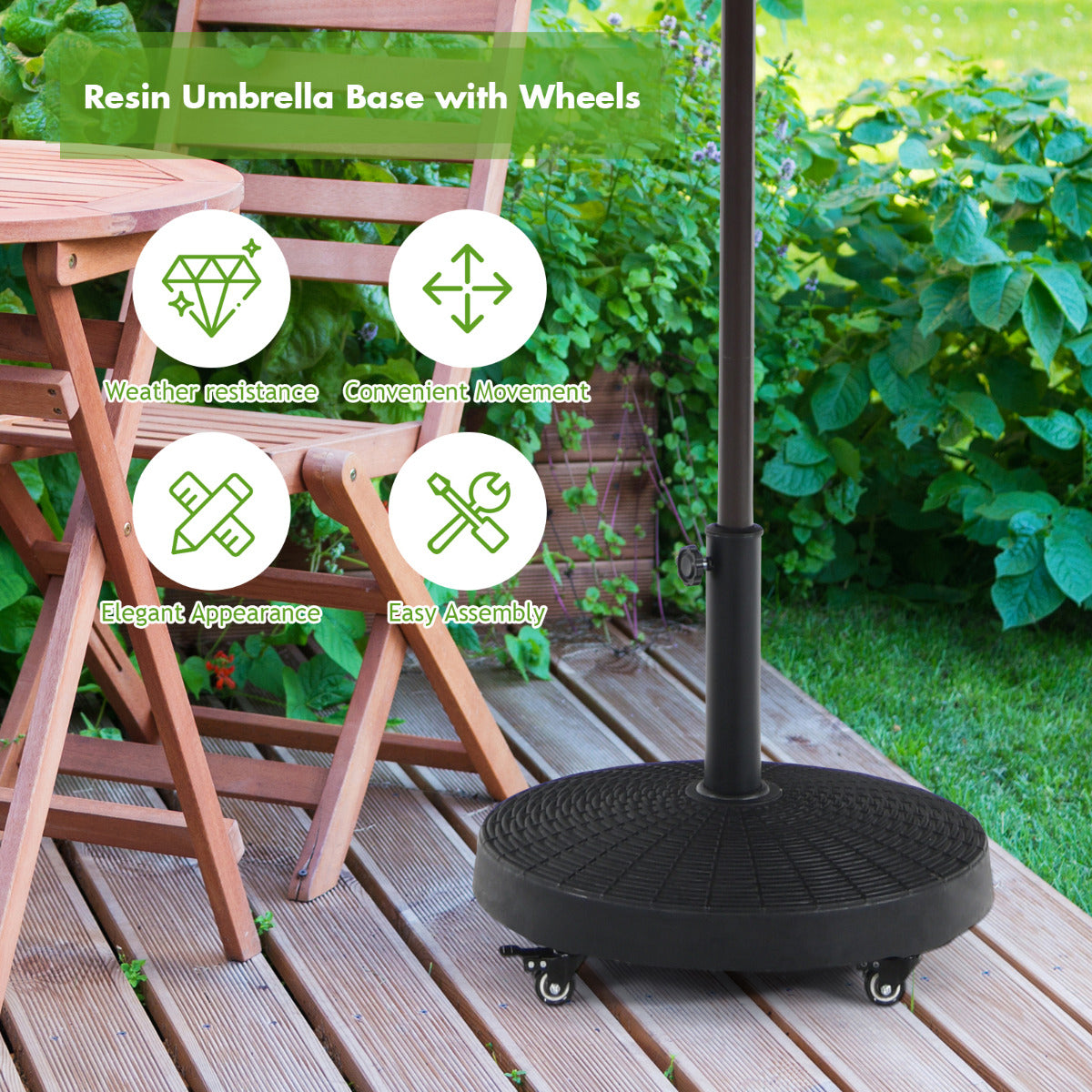 LIVSK Parasolstandaard met Wieltjes - 23 kg - Geschikt voor 38/48 mm Stangen - Roestbestendig - Elegant Design - Zwart