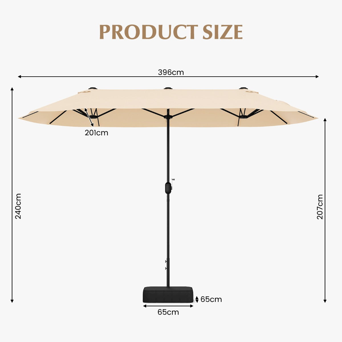 LIVSK Dubbele Parasol 396 x 201 cm - Ventilatieopening - Windbestendige Baleinen - Vulbare Basis - Beige