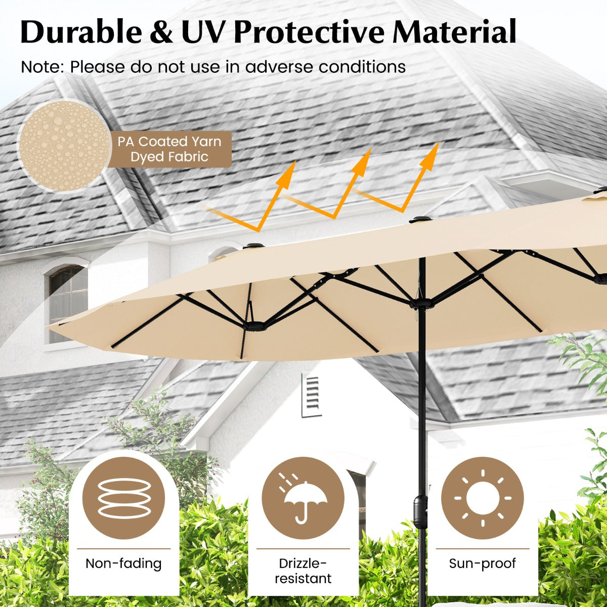 LIVSK Dubbele Parasol 396 x 201 cm - Ventilatieopening - Windbestendige Baleinen - Vulbare Basis - Beige