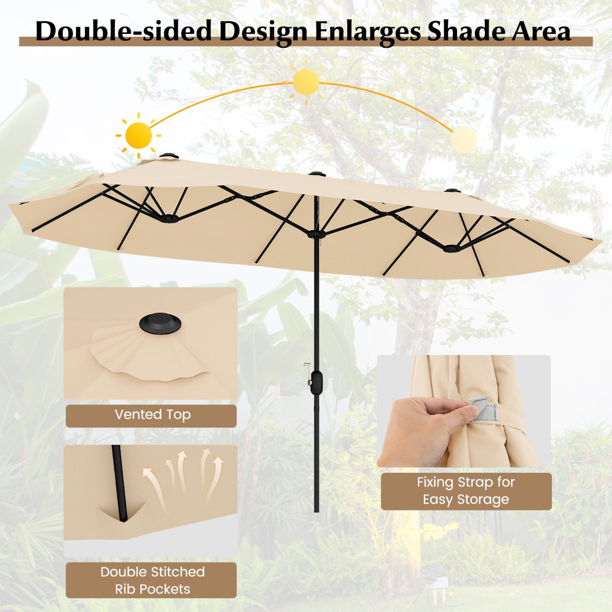 LIVSK Dubbele Parasol 396 x 201 cm - Ventilatieopening - Windbestendige Baleinen - Vulbare Basis - Beige