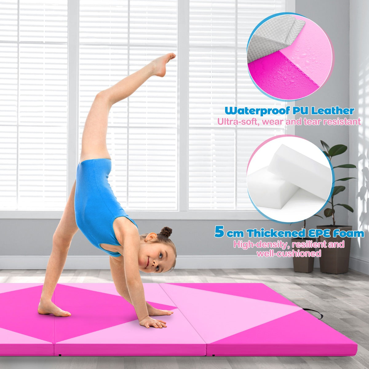 Livsk costway 240 cm lange opvouwbare gymmat 240 cm x 117 cm x 5 cm grote sportmat van pu leer met klittenbandsluitingen hot pink 2
