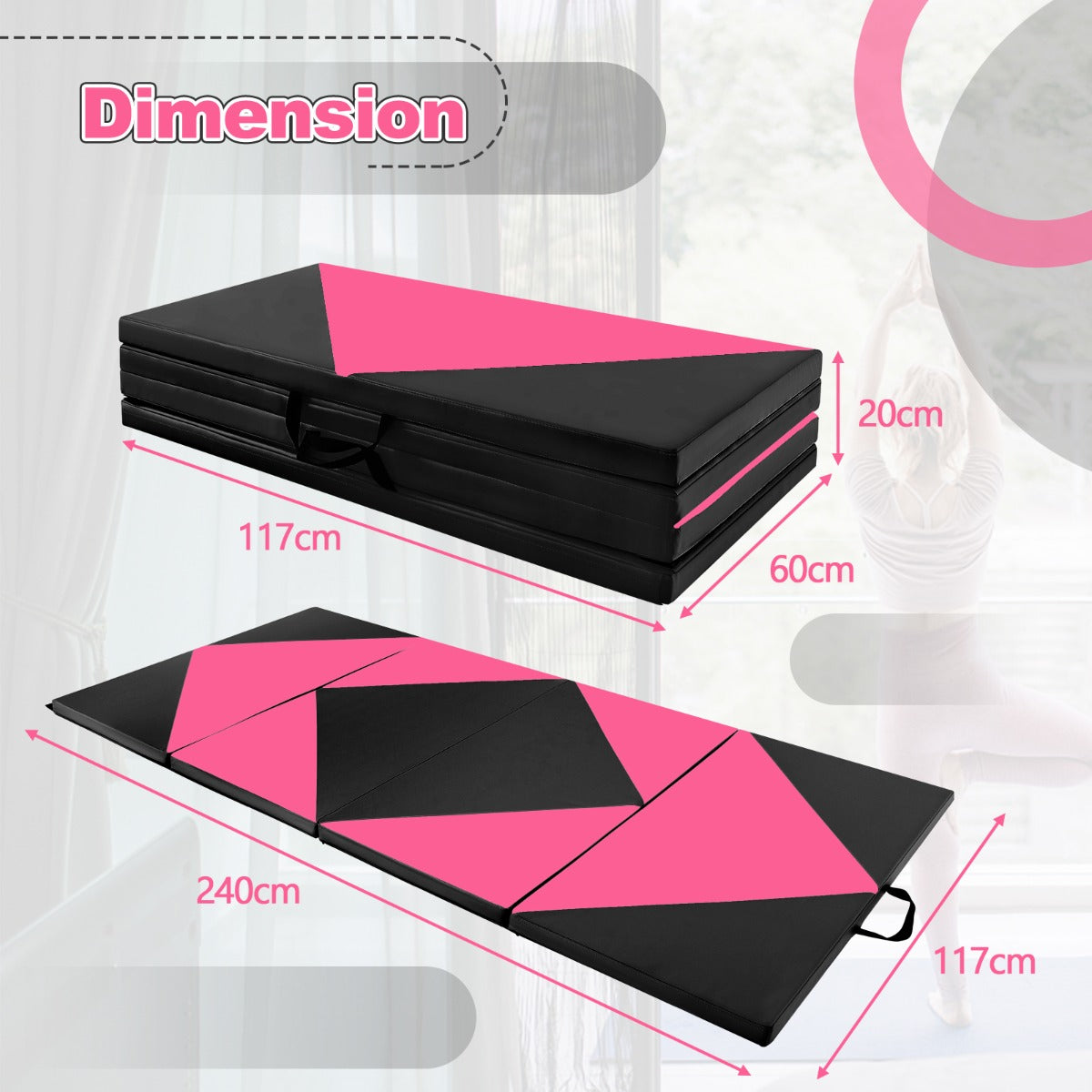 LIVSK Opvouwbare Turnmat - 5 cm EPE-schuim - Klittenband - PU Leer - Draagbaar - Voor Yoga en Gymnastiek - Roze en Zwart