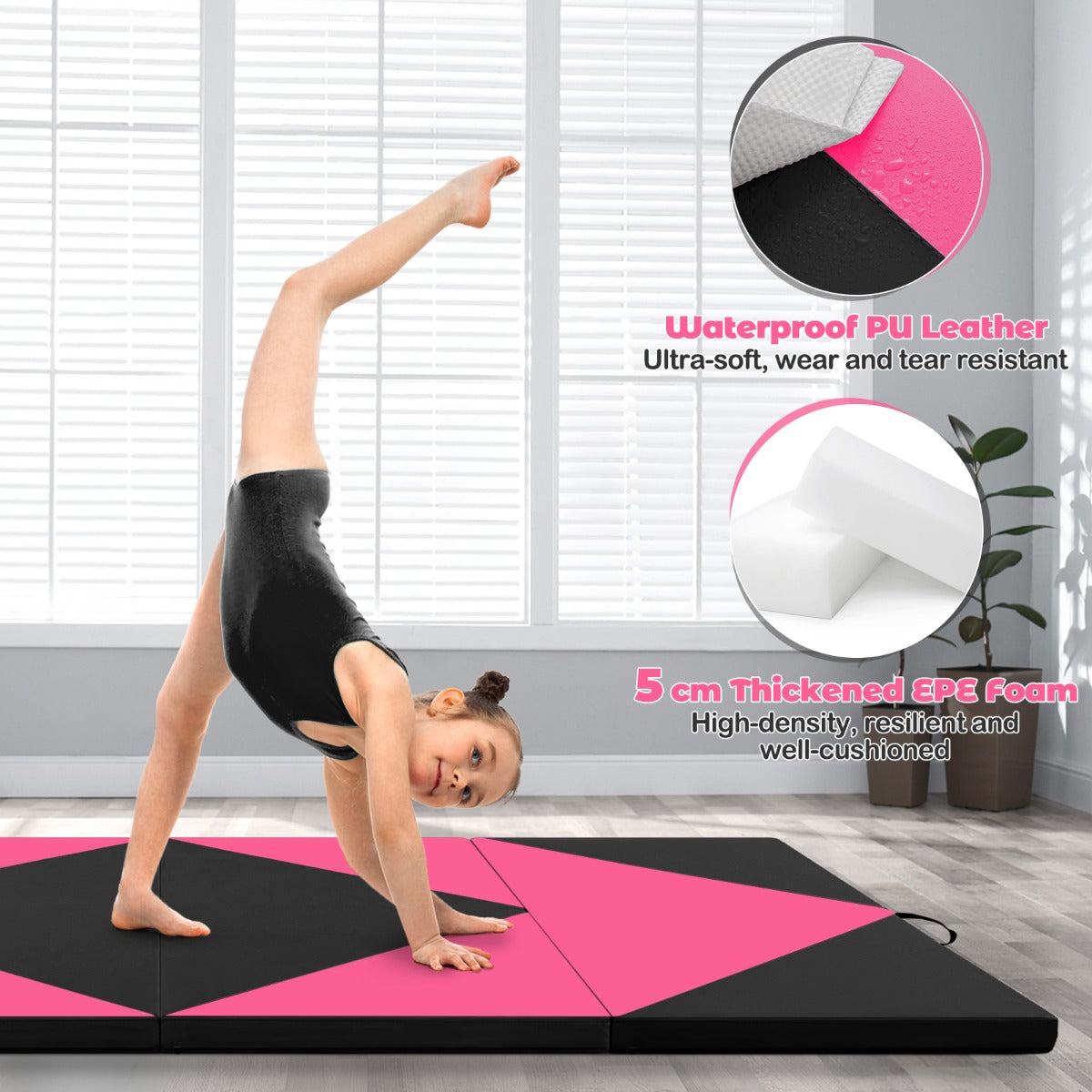 LIVSK Opvouwbare Turnmat - 5 cm EPE-schuim - Klittenband - PU Leer - Draagbaar - Voor Yoga en Gymnastiek - Roze en Zwart