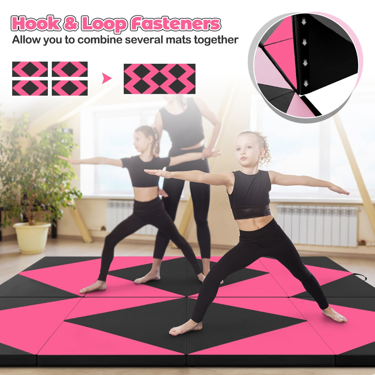 LIVSK Opvouwbare Turnmat - 5 cm EPE-schuim - Klittenband - PU Leer - Draagbaar - Voor Yoga en Gymnastiek - Roze en Zwart