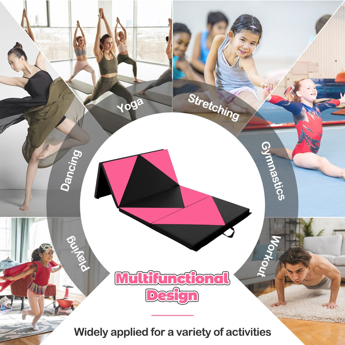 LIVSK Opvouwbare Turnmat - 5 cm EPE-schuim - Klittenband - PU Leer - Draagbaar - Voor Yoga en Gymnastiek - Roze en Zwart