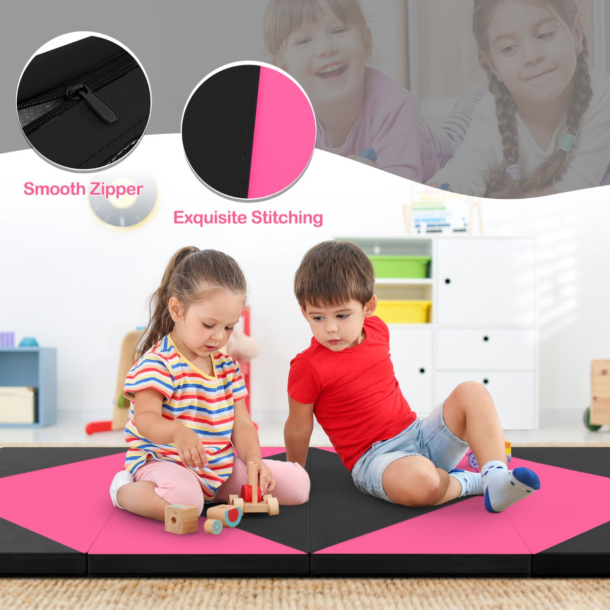 LIVSK Opvouwbare Turnmat - 5 cm EPE-schuim - Klittenband - PU Leer - Draagbaar - Voor Yoga en Gymnastiek - Roze en Zwart